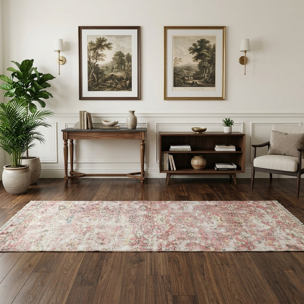 Floral pattern on the Gorkemgul Cecelia distressed vintage runner rug – handmade in Anatolia, Turkey
