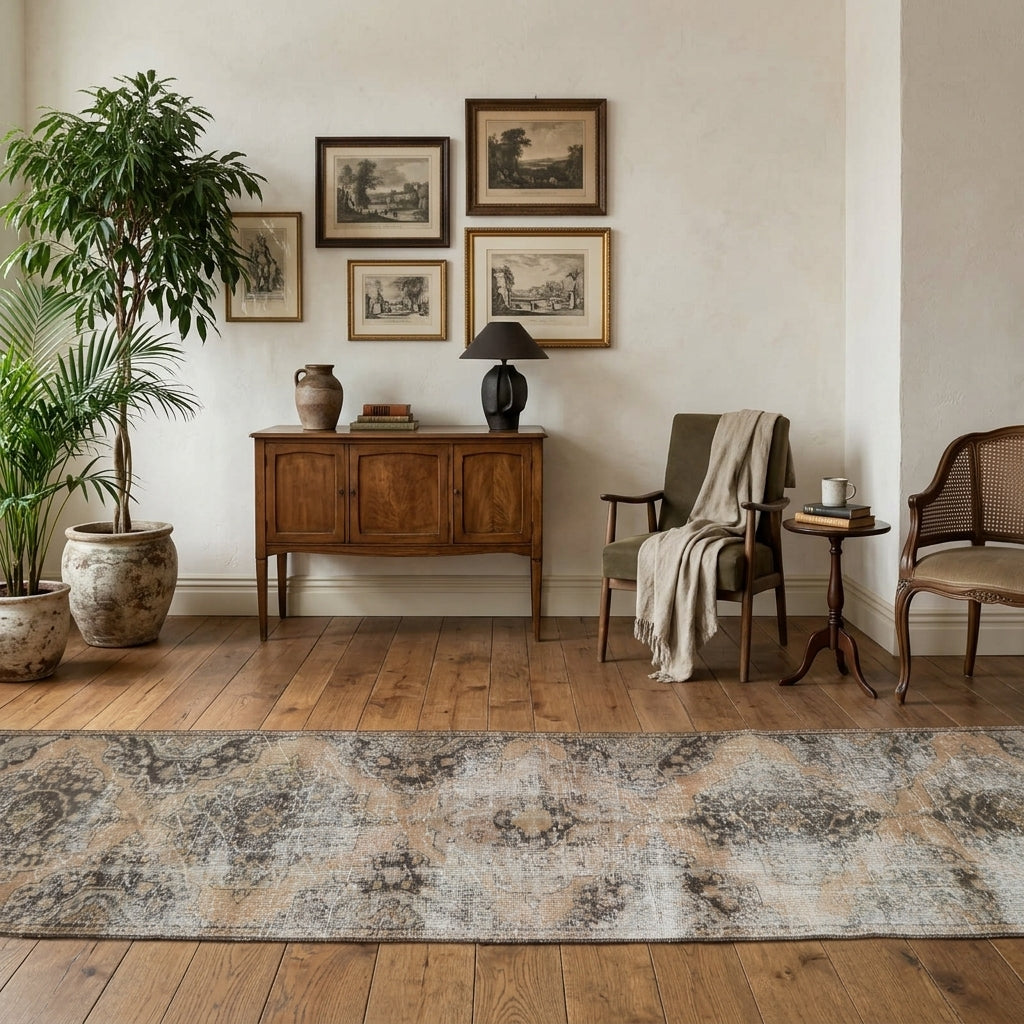 Oriental pattern on the Gokperi Celal distressed vintage runner rug – handmade in the Persian region
