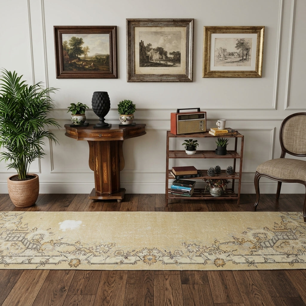 Tribal pattern on the Firuzgonca Claudette vintage runner rug – handmade in Anatolia, Turkey