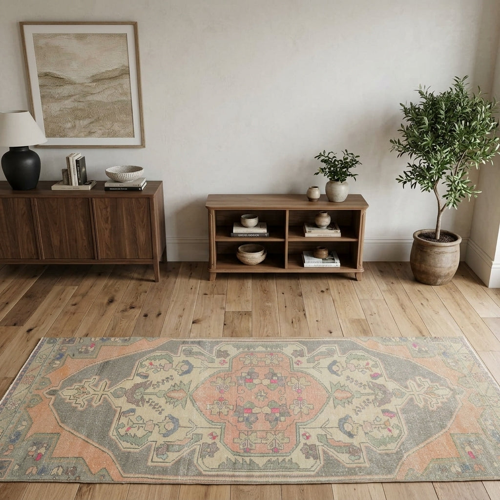 Tribal pattern on the Elmassad Derya antique washed vintage runner rug – handmade in Anatolia, Turkey