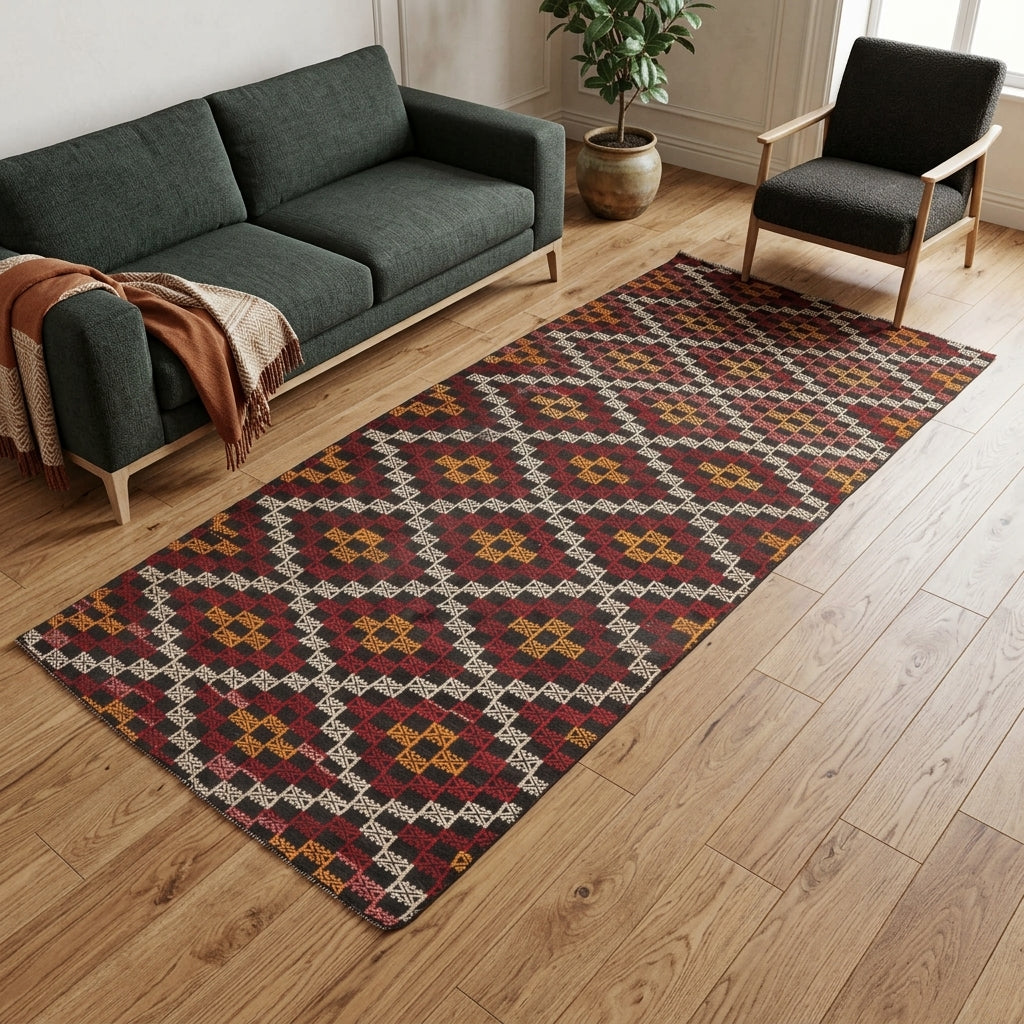 Ikat pattern on the Damlasad vintage kilim rug – handwoven flatweave in Anatolia, Turkey