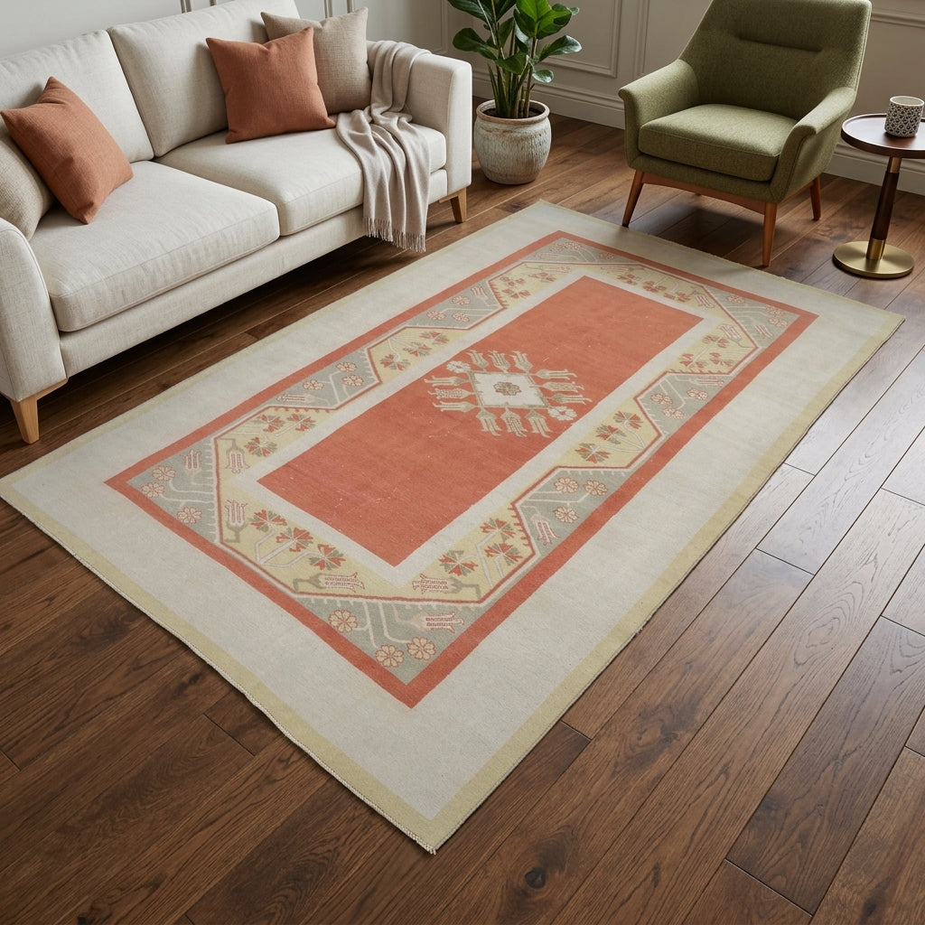 Geometric pattern on the Ianthephrosyne vintage area rug – handmade in Milas, Turkey