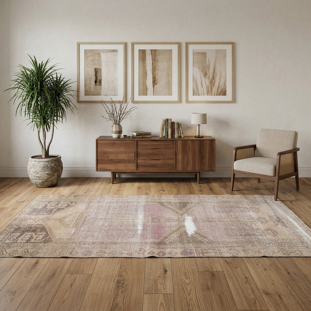 Tribal pattern on the Charitomeda Eldar distressed vintage runner rug – handmade in Anatolia, Turkey