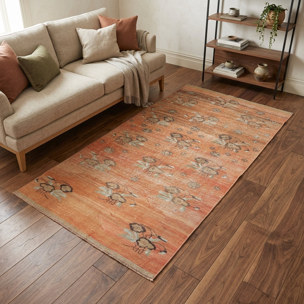 Floral pattern on the Aceso vintage area rug – handmade in Anatolia, Turkey