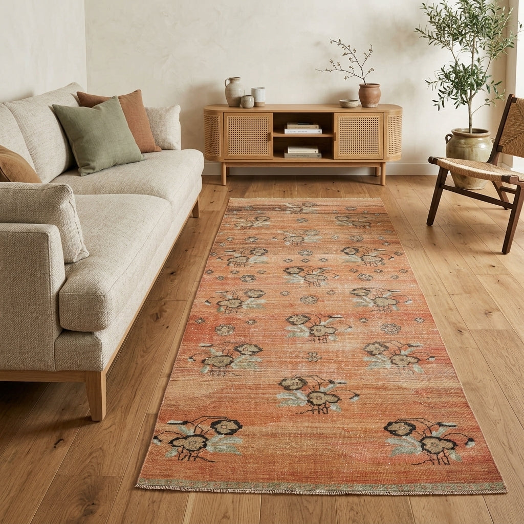 Floral pattern on the Aceso vintage area rug – handmade in Anatolia, Turkey