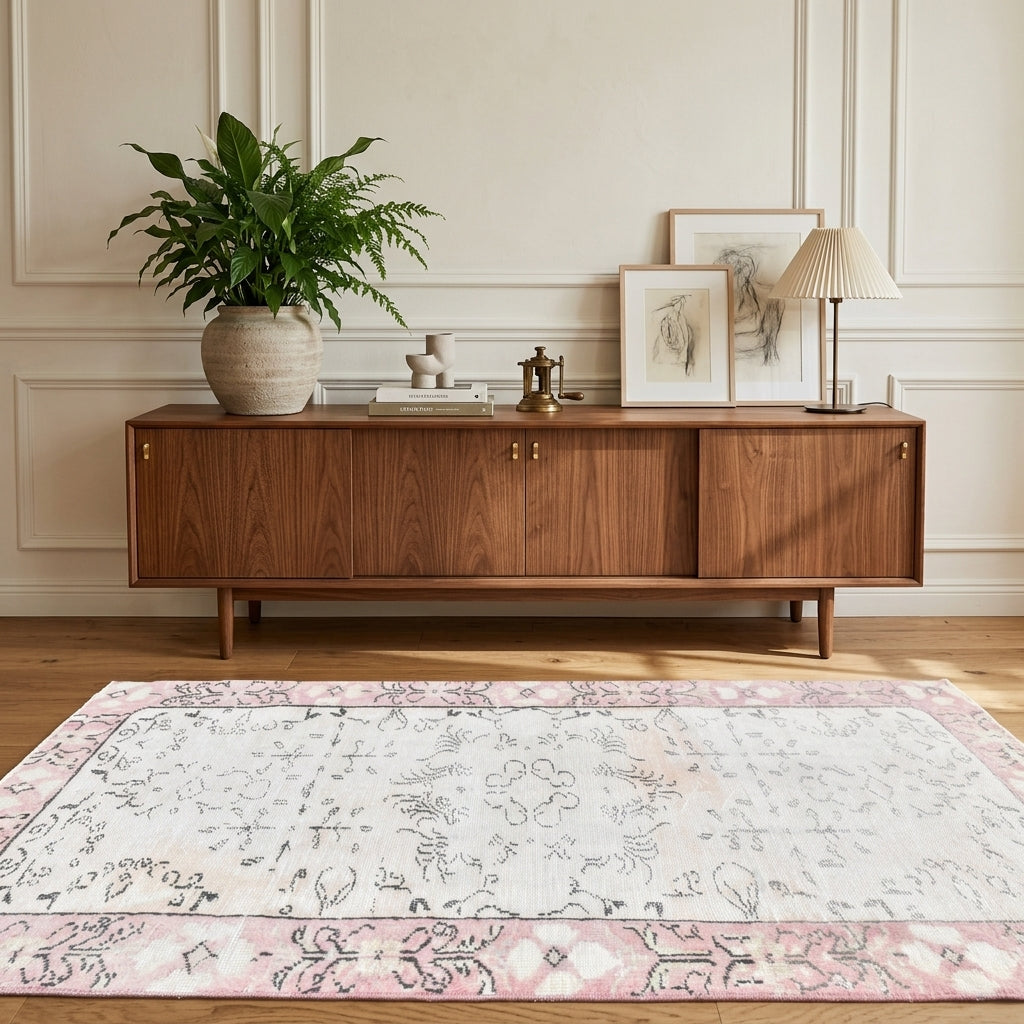 Bordered pattern on the Isophyllis vintage area rug – handmade in Anatolia, Turkey
