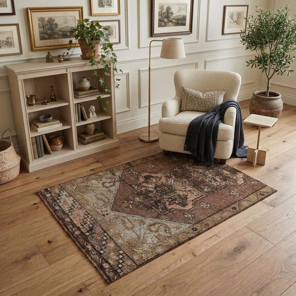 Tribal pattern on the Ebruisik Dilnishin distressed vintage runner rug – handmade in Anatolia, Turkey