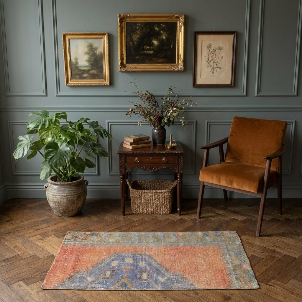 Checkered pattern on the Dilfirib Dolores retro vintage area rug – handmade in Anatolia, Turkey