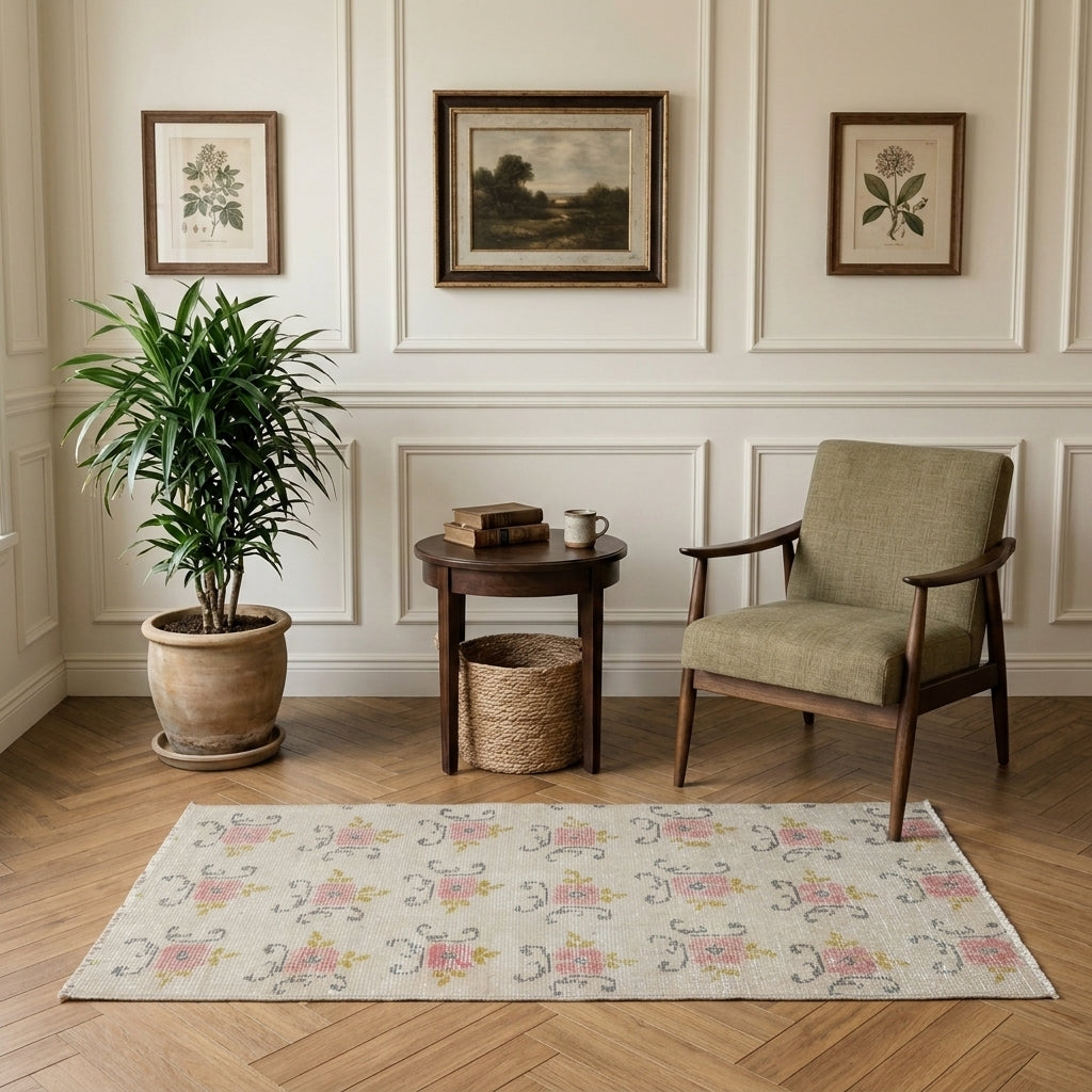 Floral pattern on the Denizsema Dorothy vintage rug mat – handmade in Anatolia, Turkey