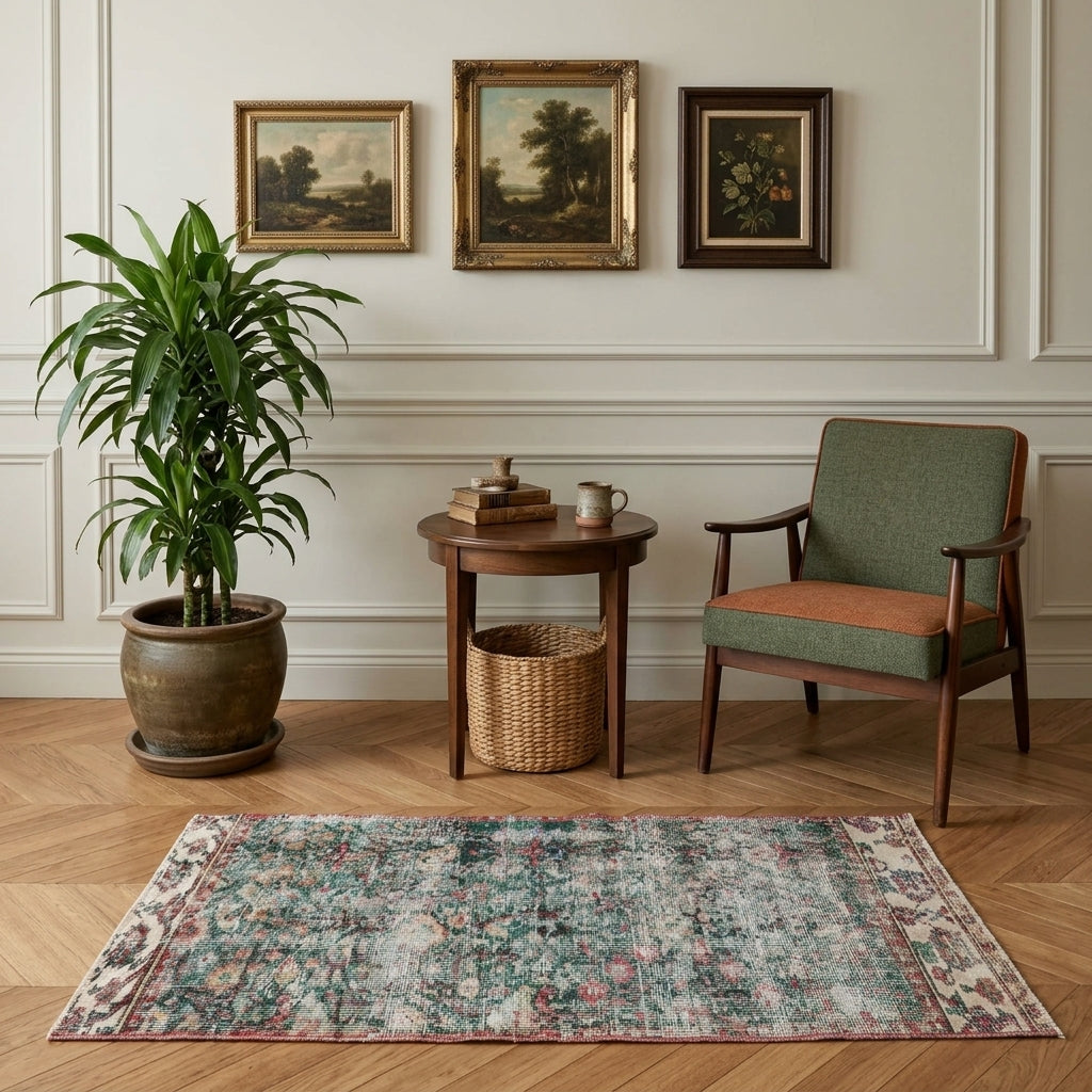 Floral pattern on the Denizpeyker Dot vintage area rug – handmade in Anatolia, Turkey