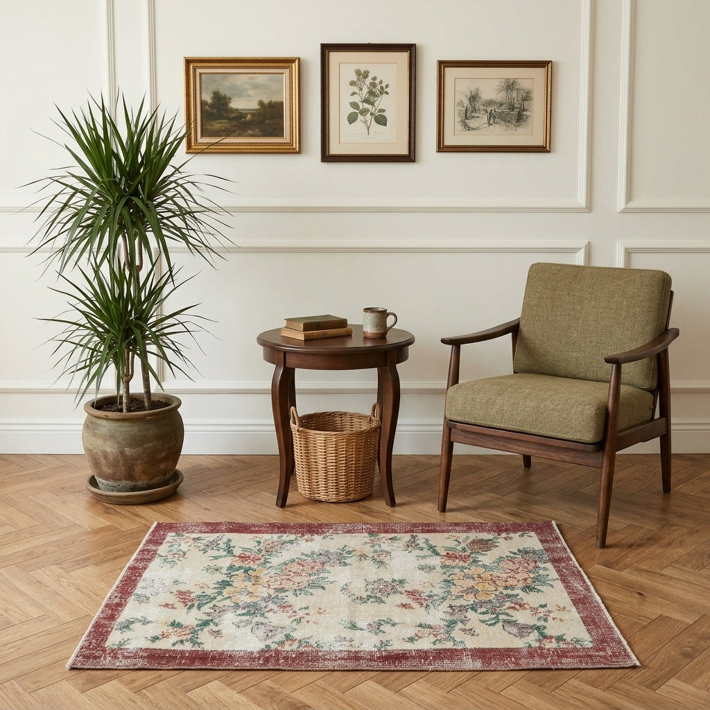 Floral pattern on the Deniznihal Dururbunsuz vintage area rug – handmade in Anatolia, Turkey