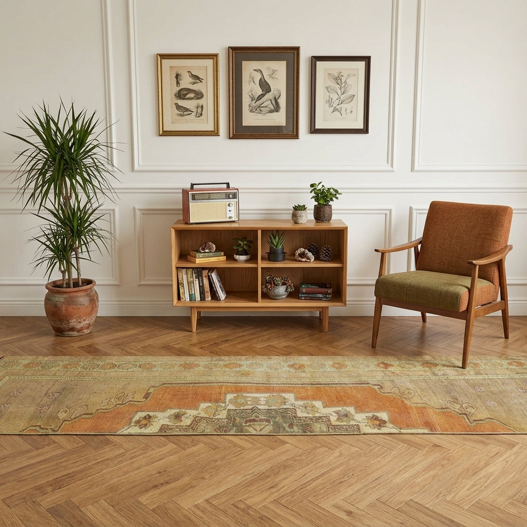 Tribal pattern on the Ceydabahce Elvin vintage runner rug – handmade in Anatolia, Turkey