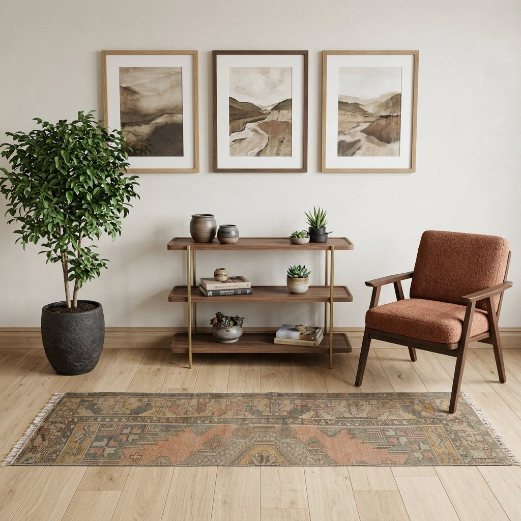 Bordered pattern on the Nesterensel vintage runner rug – handmade in Anatolia, Turkey