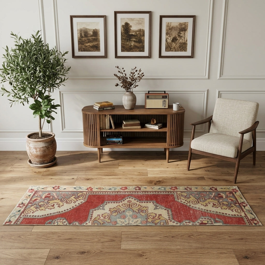 Oriental pattern on the Cemilepezir Emely vintage runner rug – handmade in Anatolia, Turkey