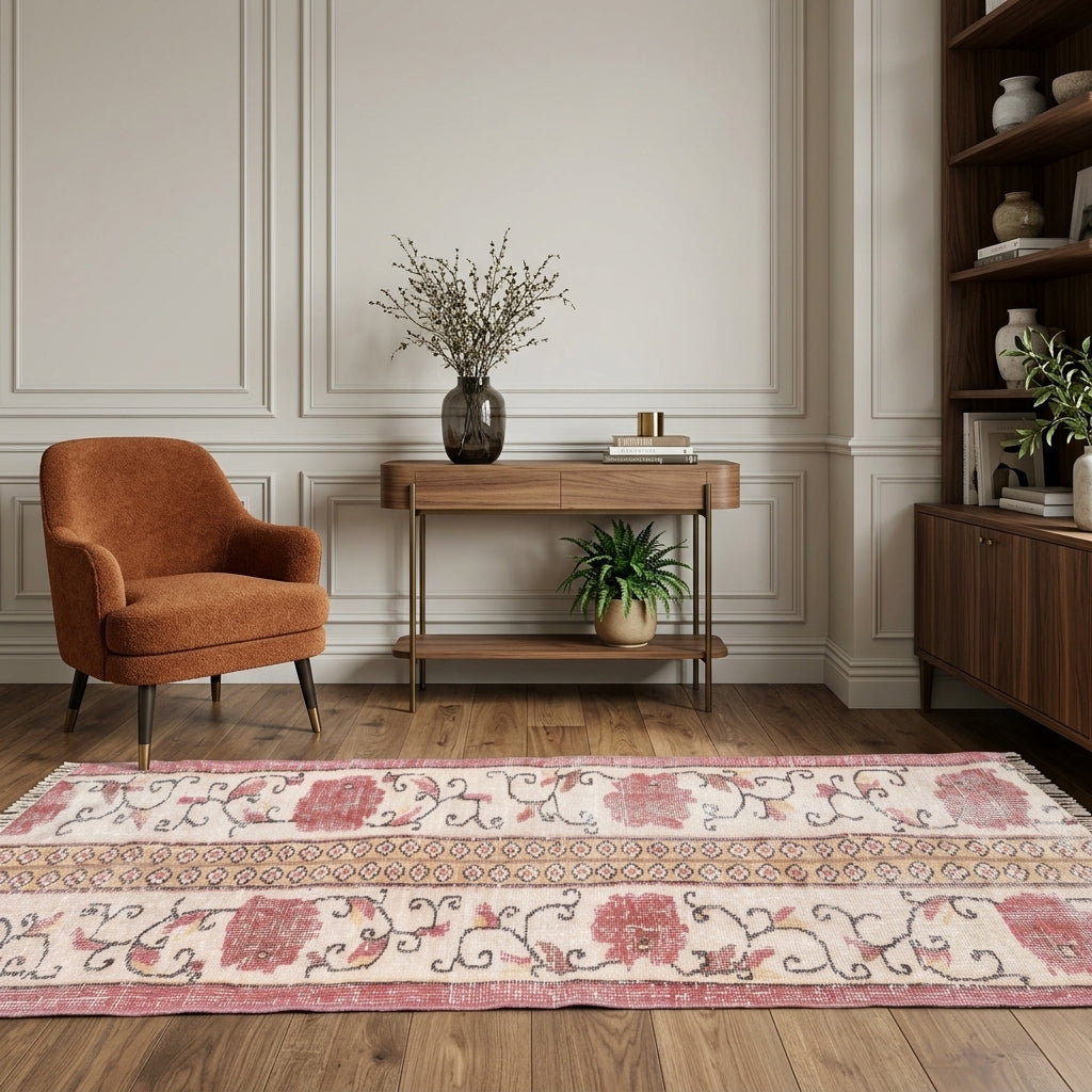 Floral pattern on the Petrodora vintage kilim runner rug – handwoven flatweave in Anatolia, Turkey