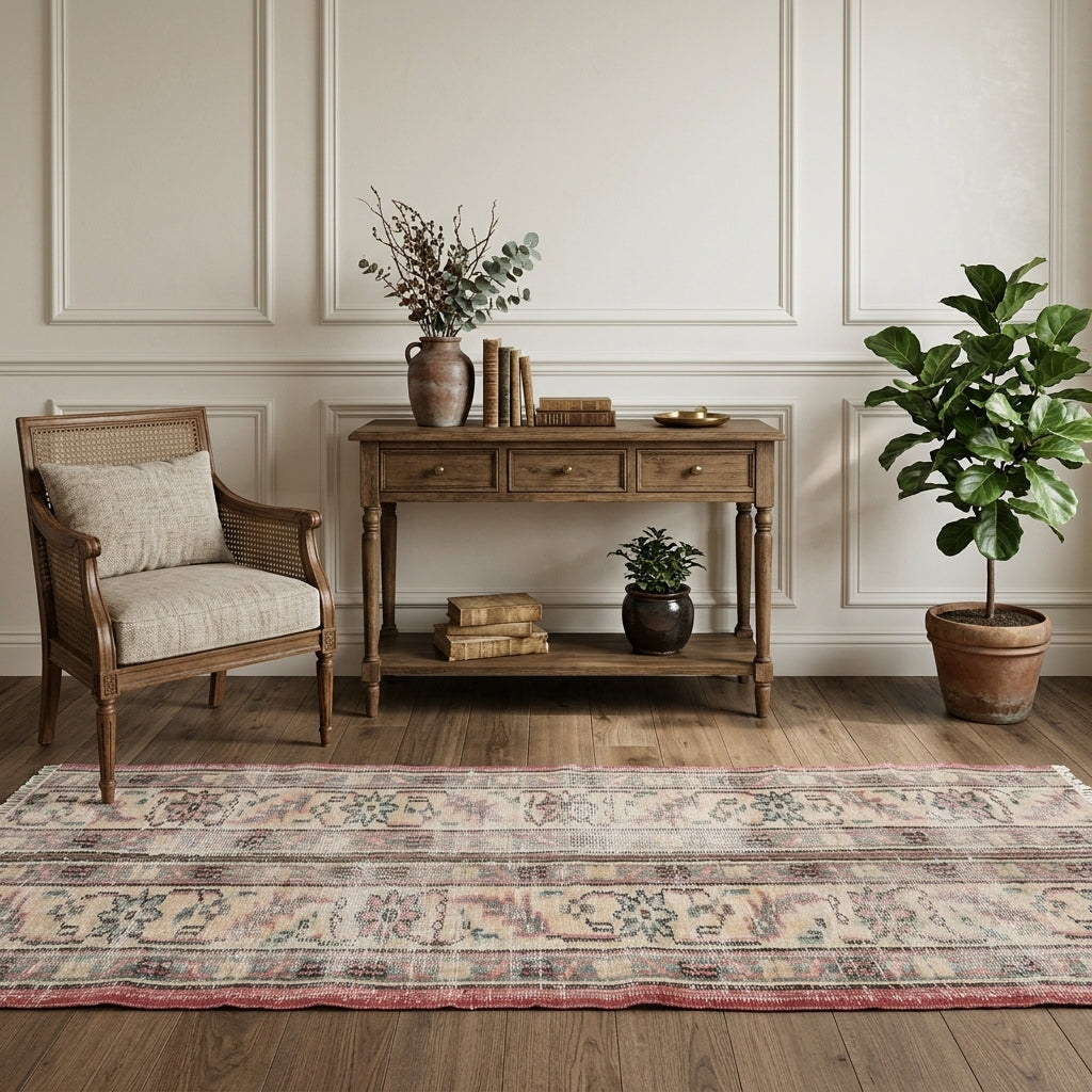 Floral pattern on the Phemekome vintage patchwork runner rug – handmade in Anatolia, Turkey