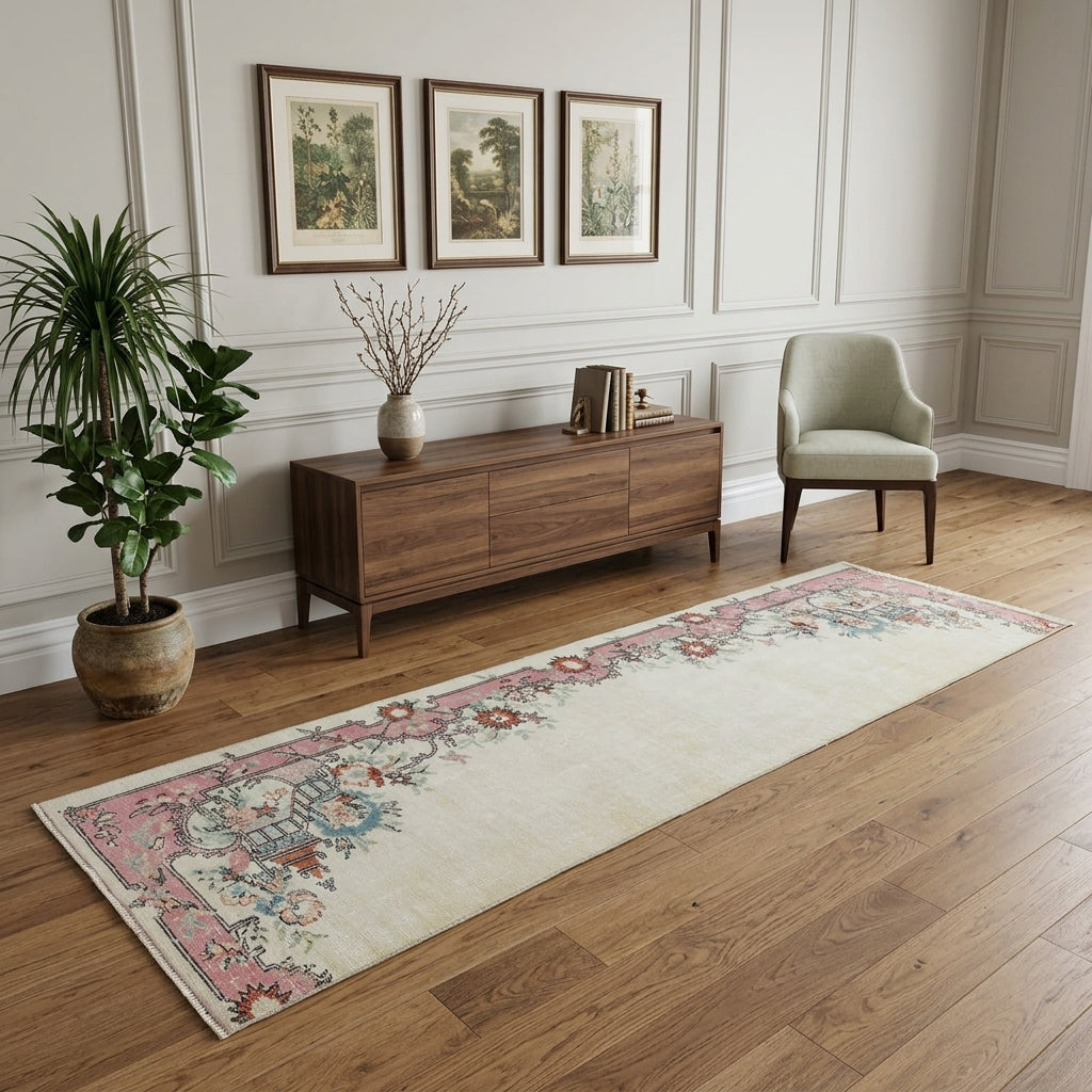 Floral pattern on the Burcunur Enginsu vintage runner rug – handmade in the Persian region
