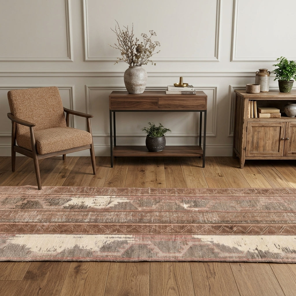Bordered pattern on the Papatyadeniz vintage kilim runner rug – handwoven flatweave in Anatolia, Turkey