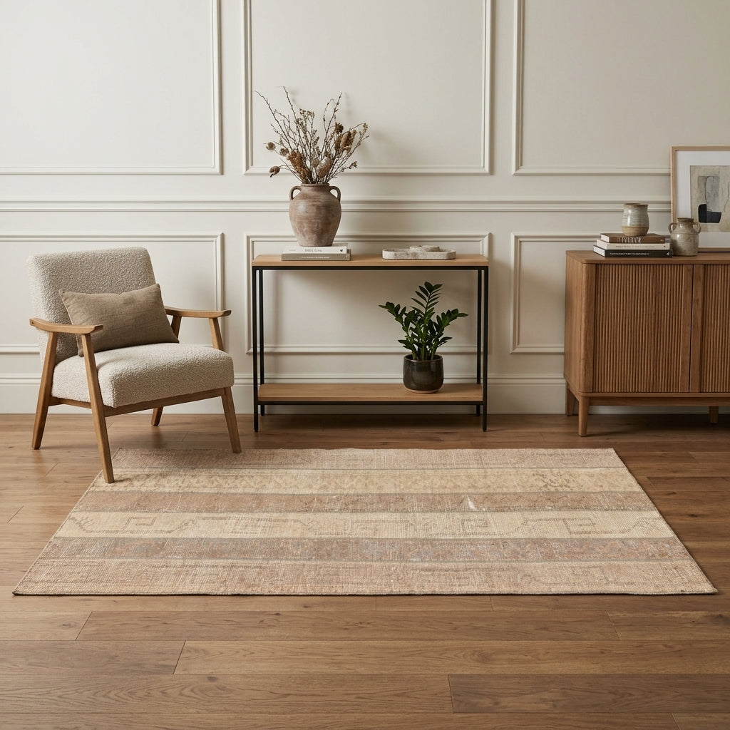 Faded geometric pattern on the Papatyabahar vintage patchwork runner rug – handmade in Anatolia, Turkey