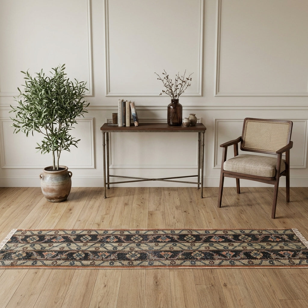 Floral pattern on the Nigarban vintage kilim runner rug – handwoven flatweave in Anatolia, Turkey