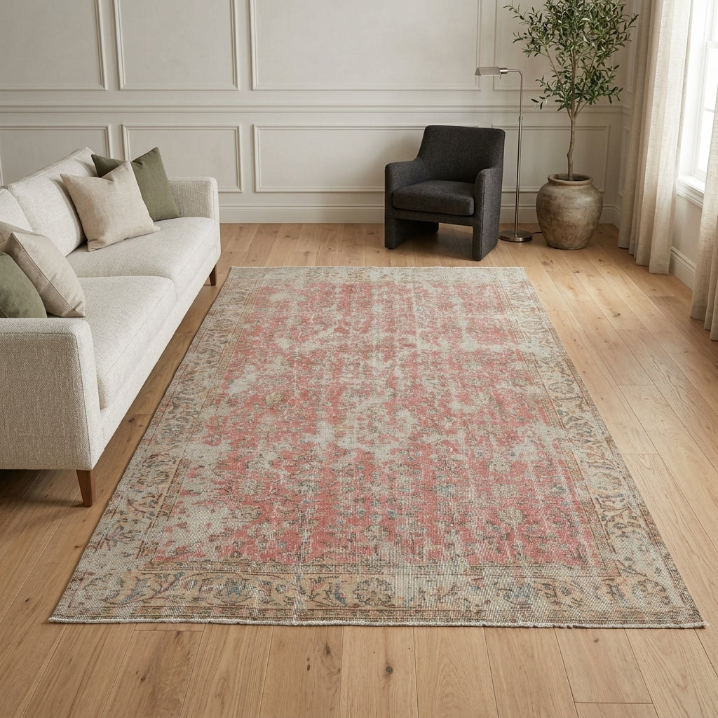 Floral pattern on the Bengiyaz Eser distressed vintage area rug – handmade in Anatolia, Turkey