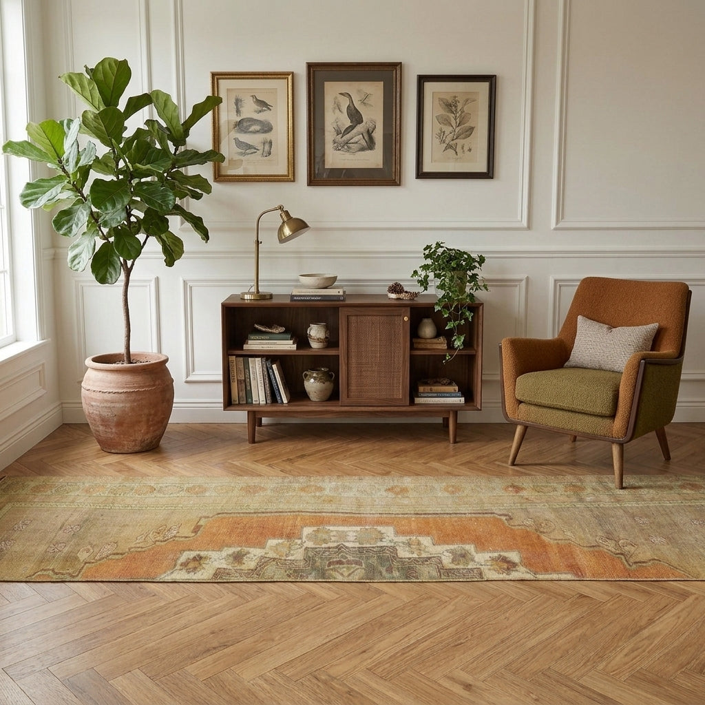 Solid - dots pattern on the Delphithea vintage area rug – handmade in Anatolia, Turkey