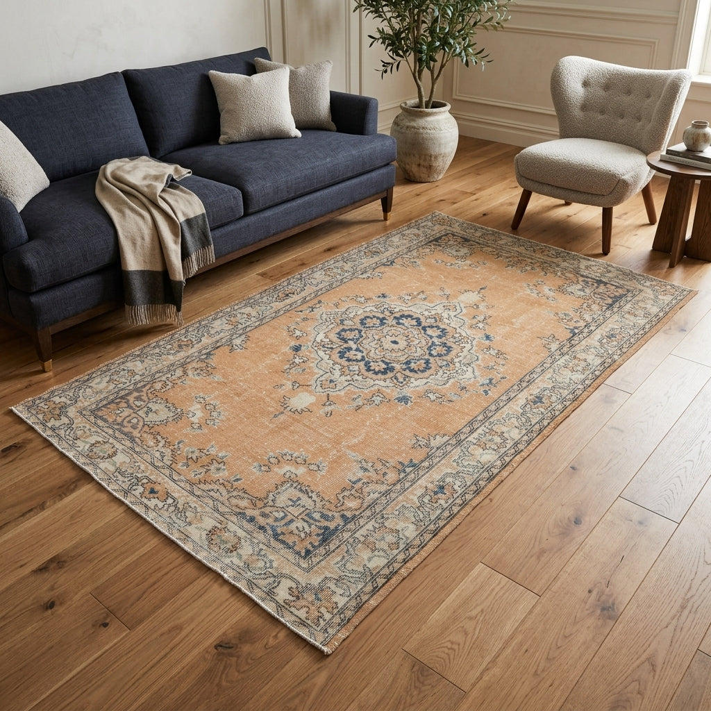 Oriental pattern on the Iache vintage area rug – handmade in Anatolia, Turkey
