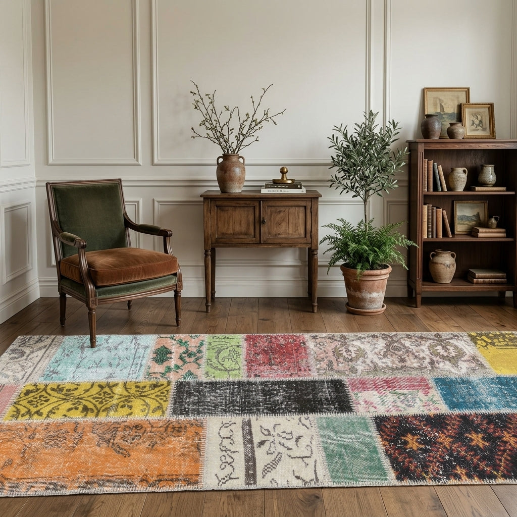 Pattern on the Nikotima vintage patchwork runner rug – handmade in Anatolia, Turkey