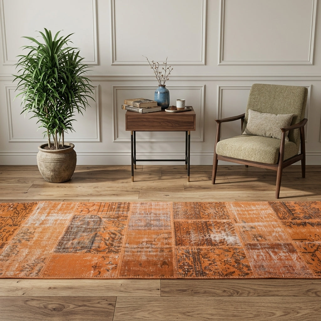 Abstract pattern on the Nevsal vintage patchwork runner rug – handmade in Anatolia, Turkey