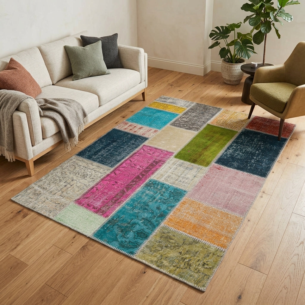 Abstract pattern on the Hilalumut vintage patchwork area rug – handmade in Anatolia, Turkey