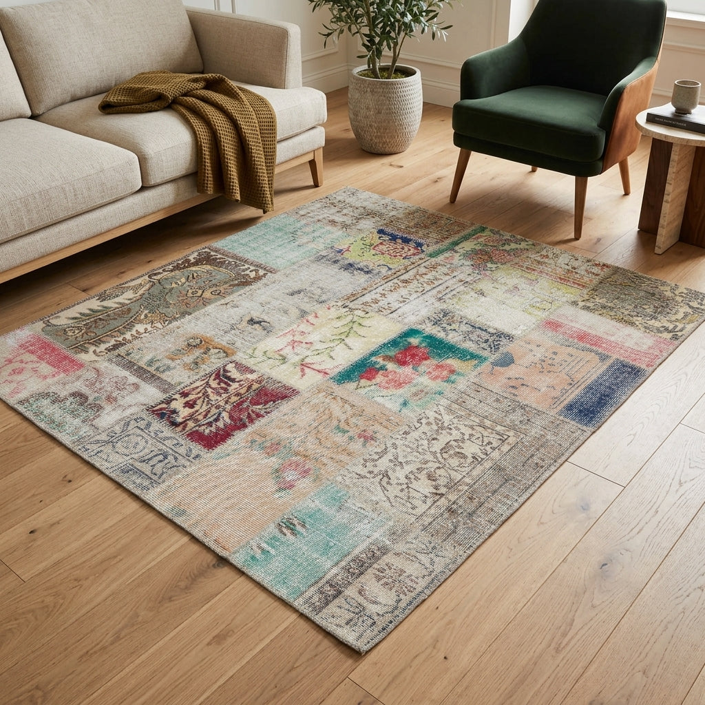 Patchwork pattern on the Hilalbahar vintage patchwork area rug – handmade in Anatolia, Turkey
