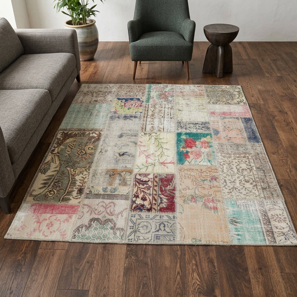 Patchwork pattern on the Hilalbahar vintage patchwork area rug – handmade in Anatolia, Turkey