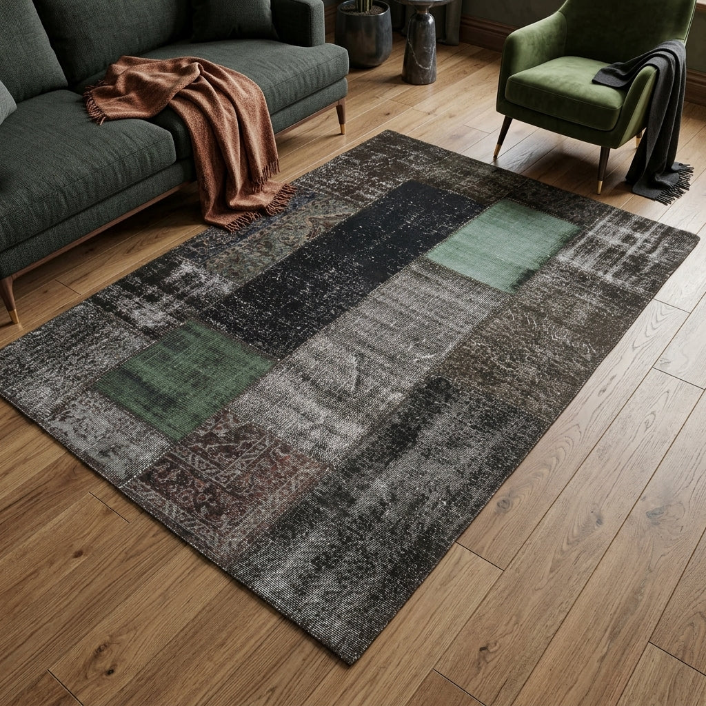 Solid pattern on the Chrysosela vintage patchwork area rug – handmade in Anatolia, Turkey