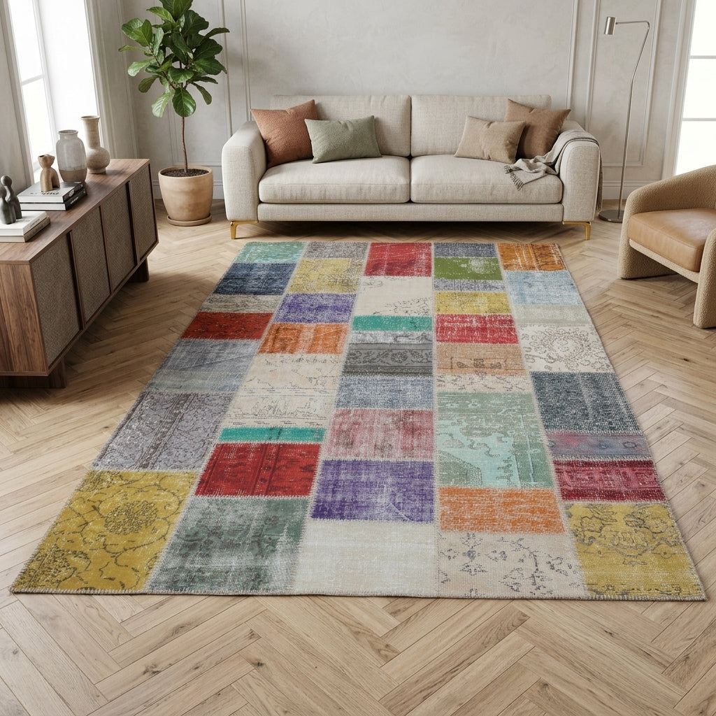 Solid pattern on the Zerrinpeyker Gabriela vintage patchwork area rug – handmade in Anatolia, Turkey