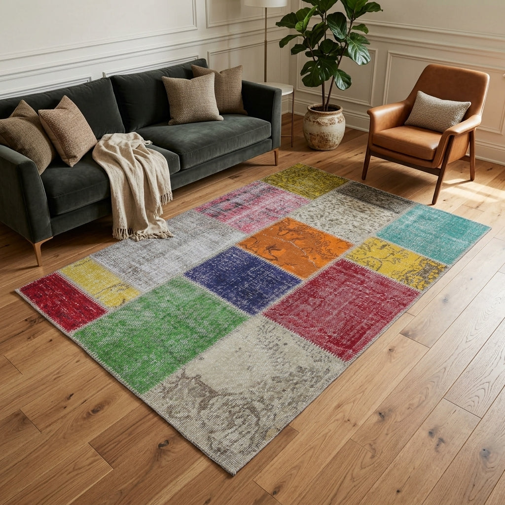 Patchwork pattern on the Hesperthea vintage patchwork area rug – handmade in Anatolia, Turkey