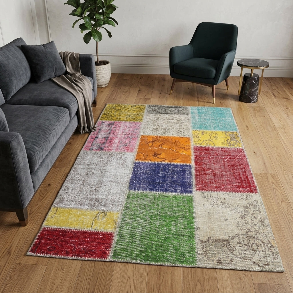 Patchwork pattern on the Hesperthea vintage patchwork area rug – handmade in Anatolia, Turkey