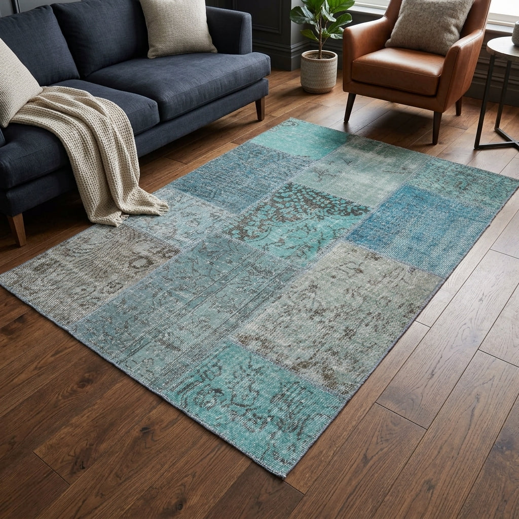 Abstract pattern on the Hemerothea vintage patchwork area rug – handmade in Anatolia, Turkey