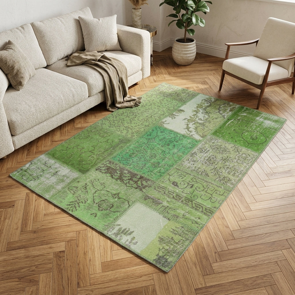 Abstract pattern on the Hemeromeda vintage patchwork area rug – handmade in Anatolia, Turkey