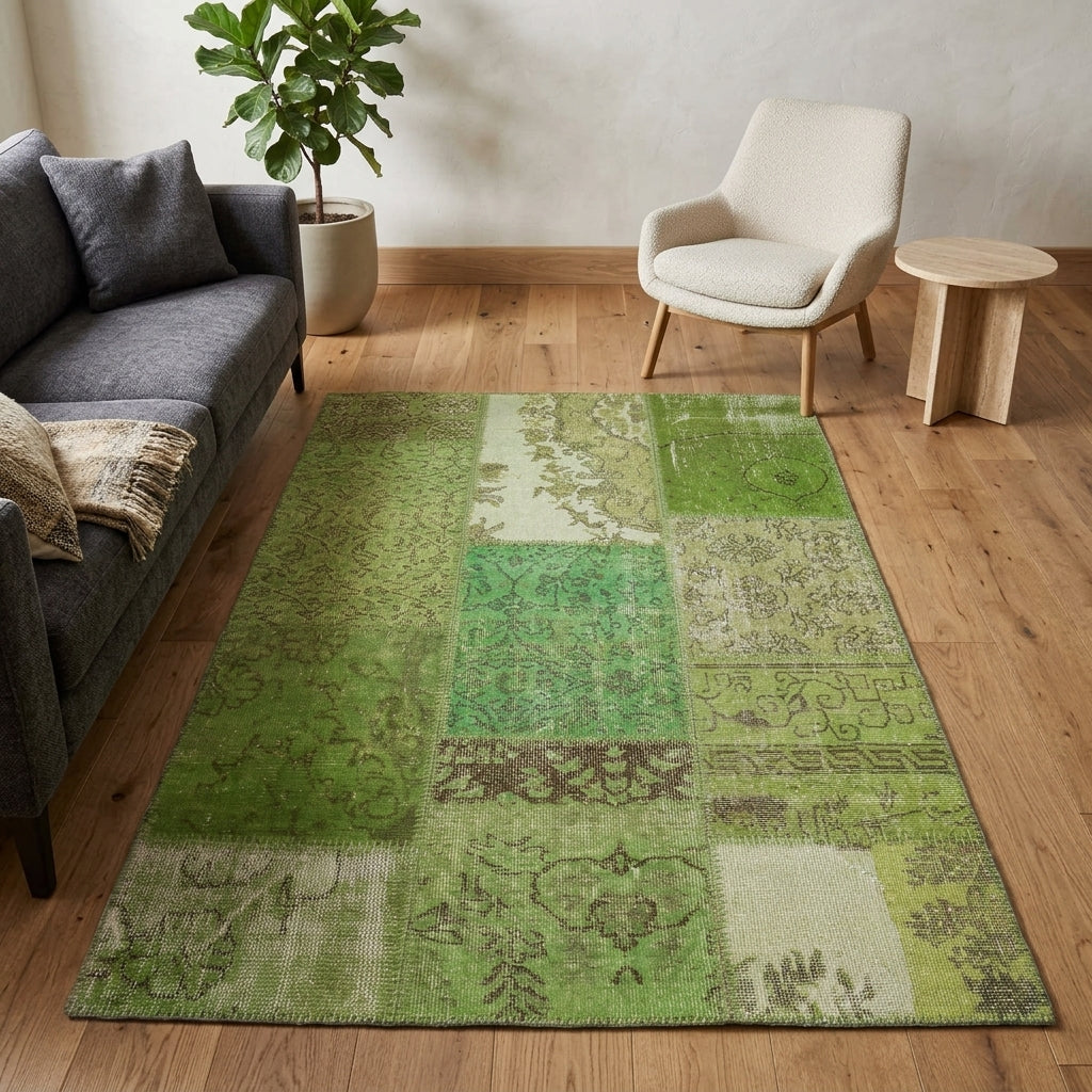 Abstract pattern on the Hemeromeda vintage patchwork area rug – handmade in Anatolia, Turkey