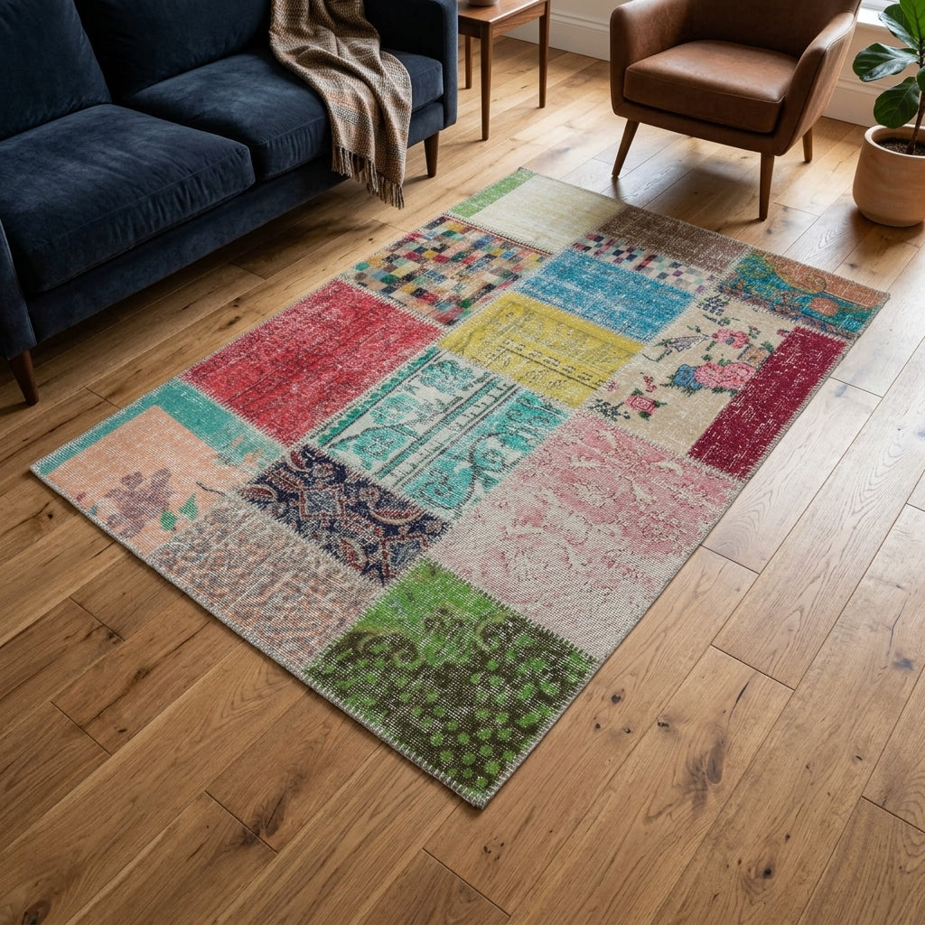 Floral pattern on the Heliolyra vintage patchwork area rug – handmade in Anatolia, Turkey
