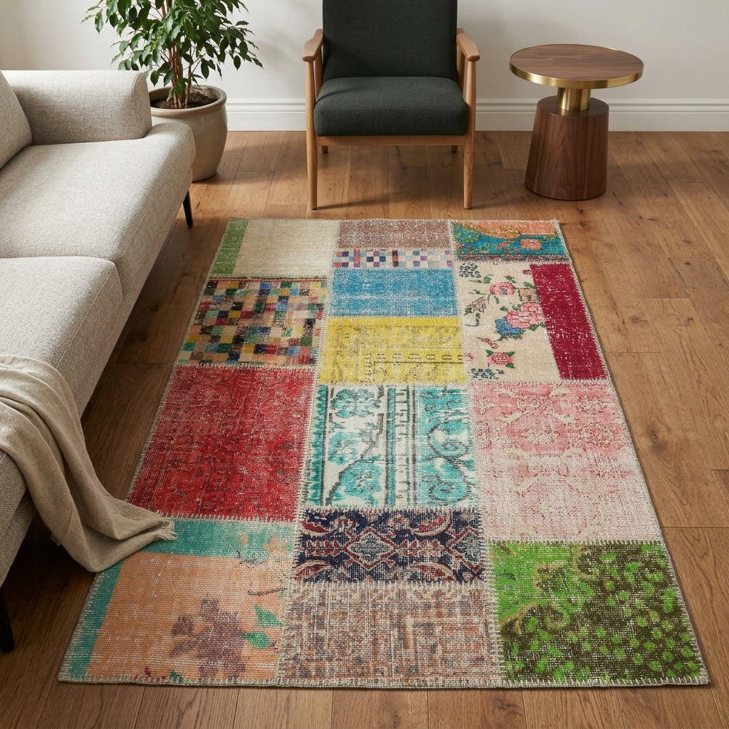 Floral pattern on the Heliolyra vintage patchwork area rug – handmade in Anatolia, Turkey