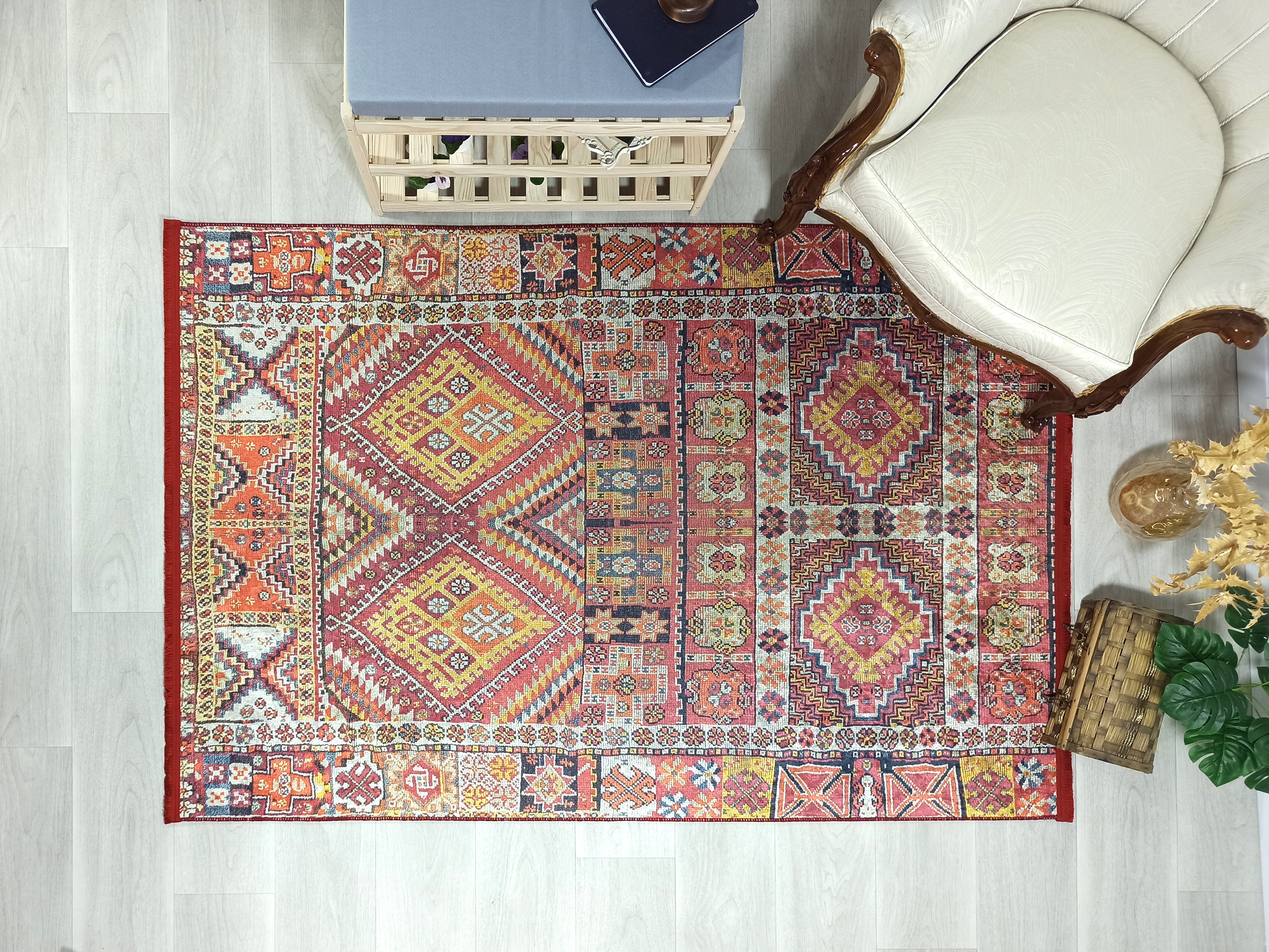 Persian Style Rug, Natural Ivory Colorful Geometry Rug