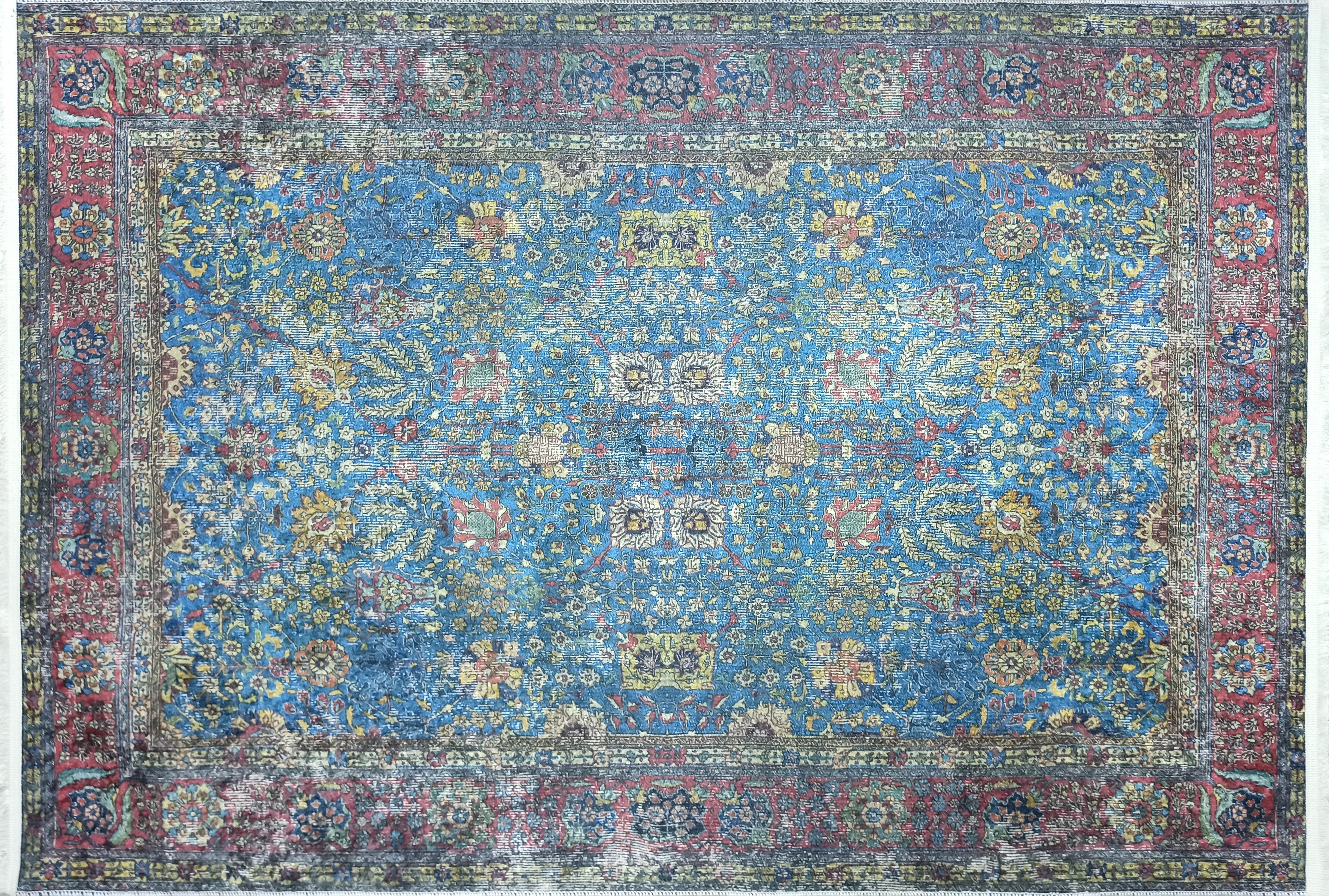 Turkish Oushak Rug, Blue & Red Vintage Rug.