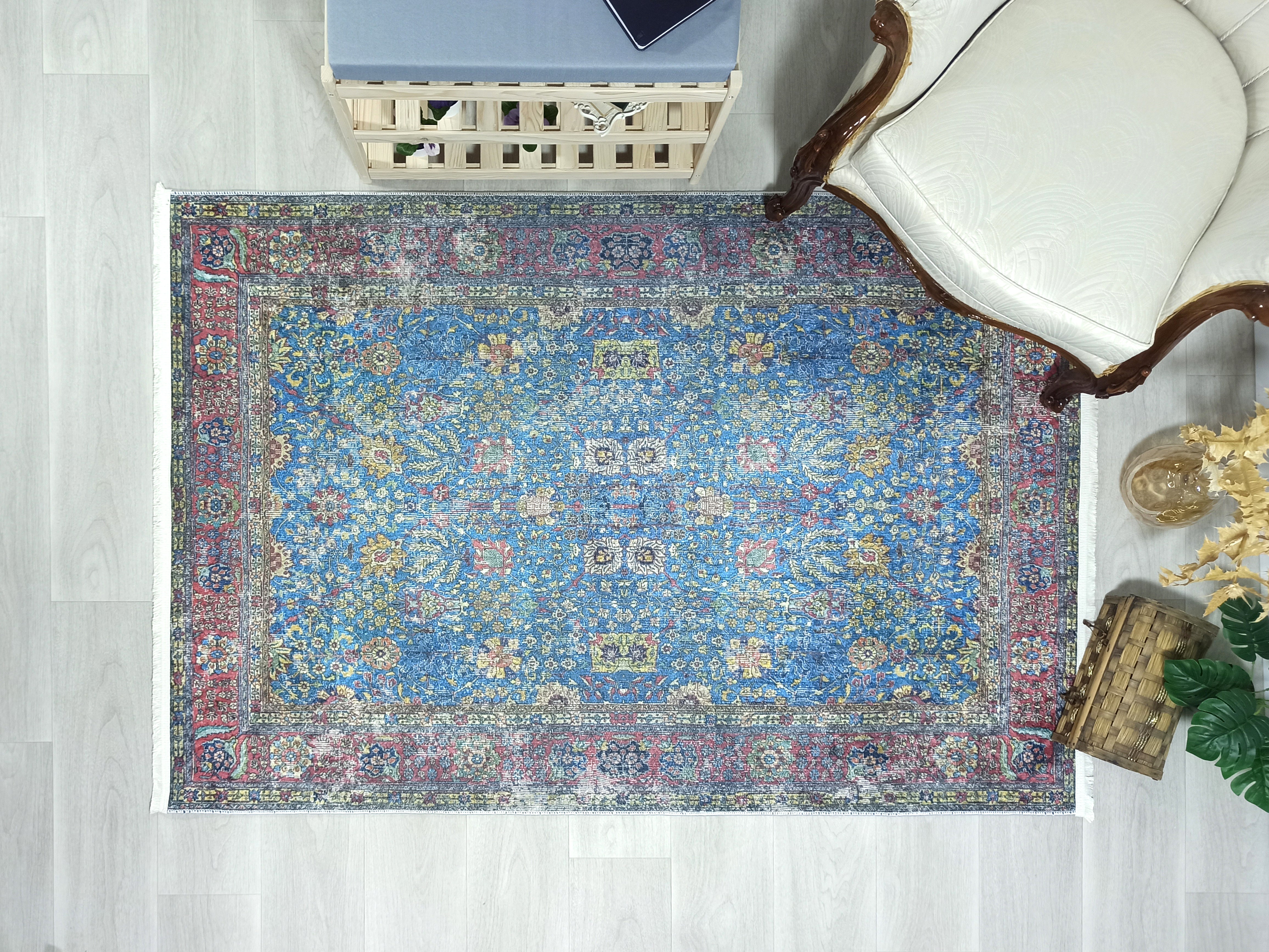 Turkish Oushak Rug, Blue & Red Vintage Rug.