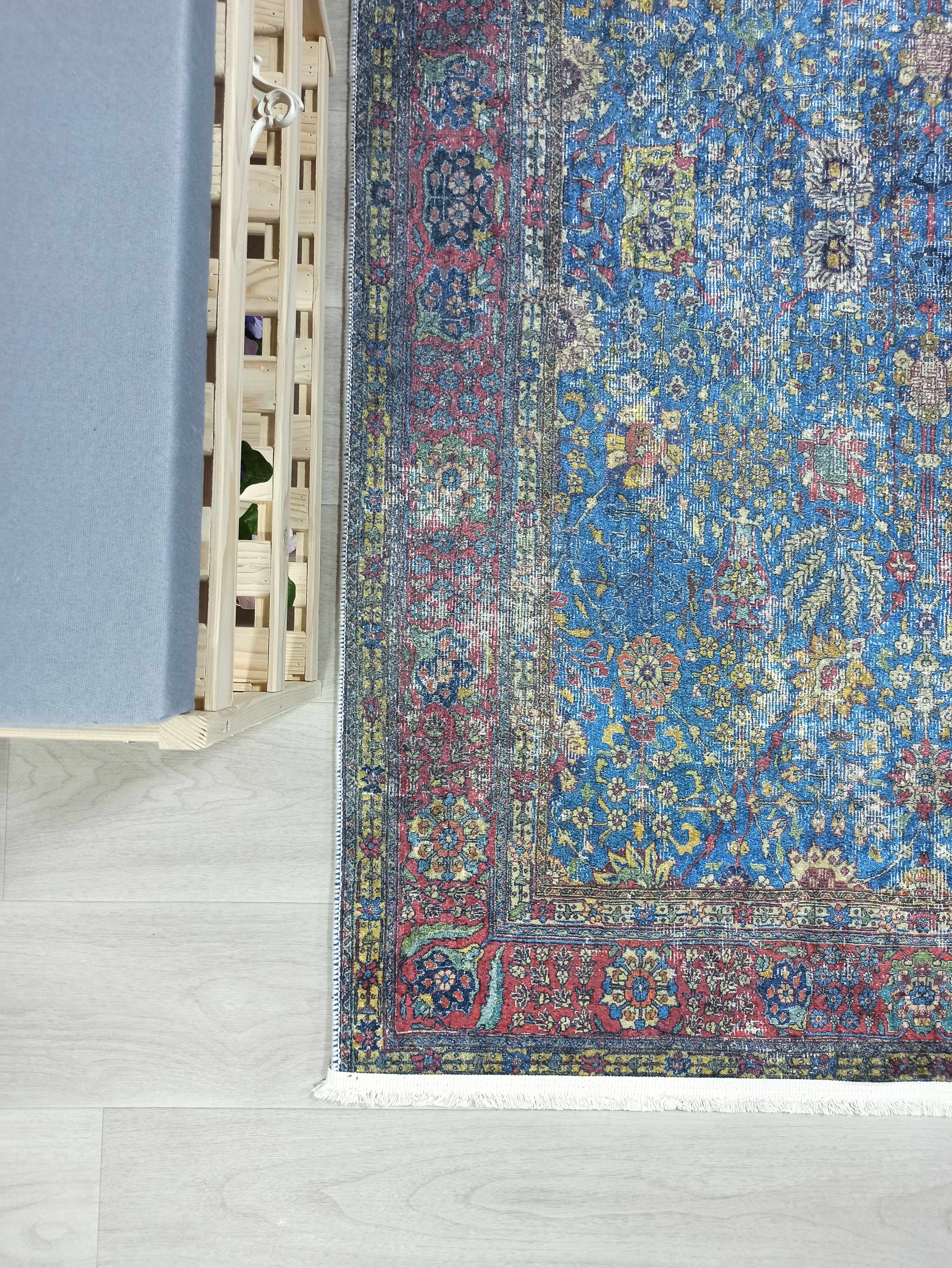 Turkish Oushak Rug, Blue & Red Vintage Rug.