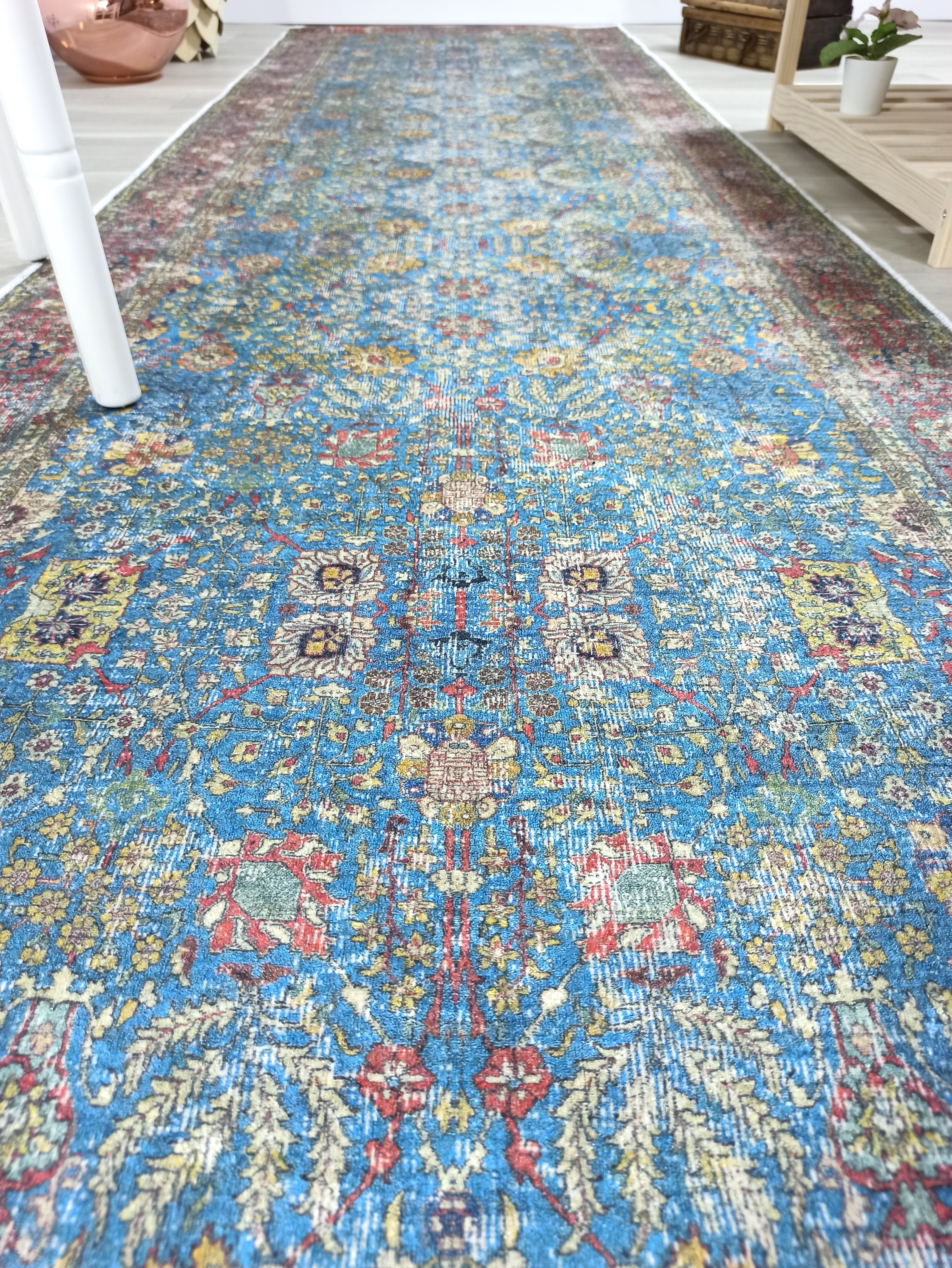 Turkish Oushak Rug, Blue & Red Vintage Rug.