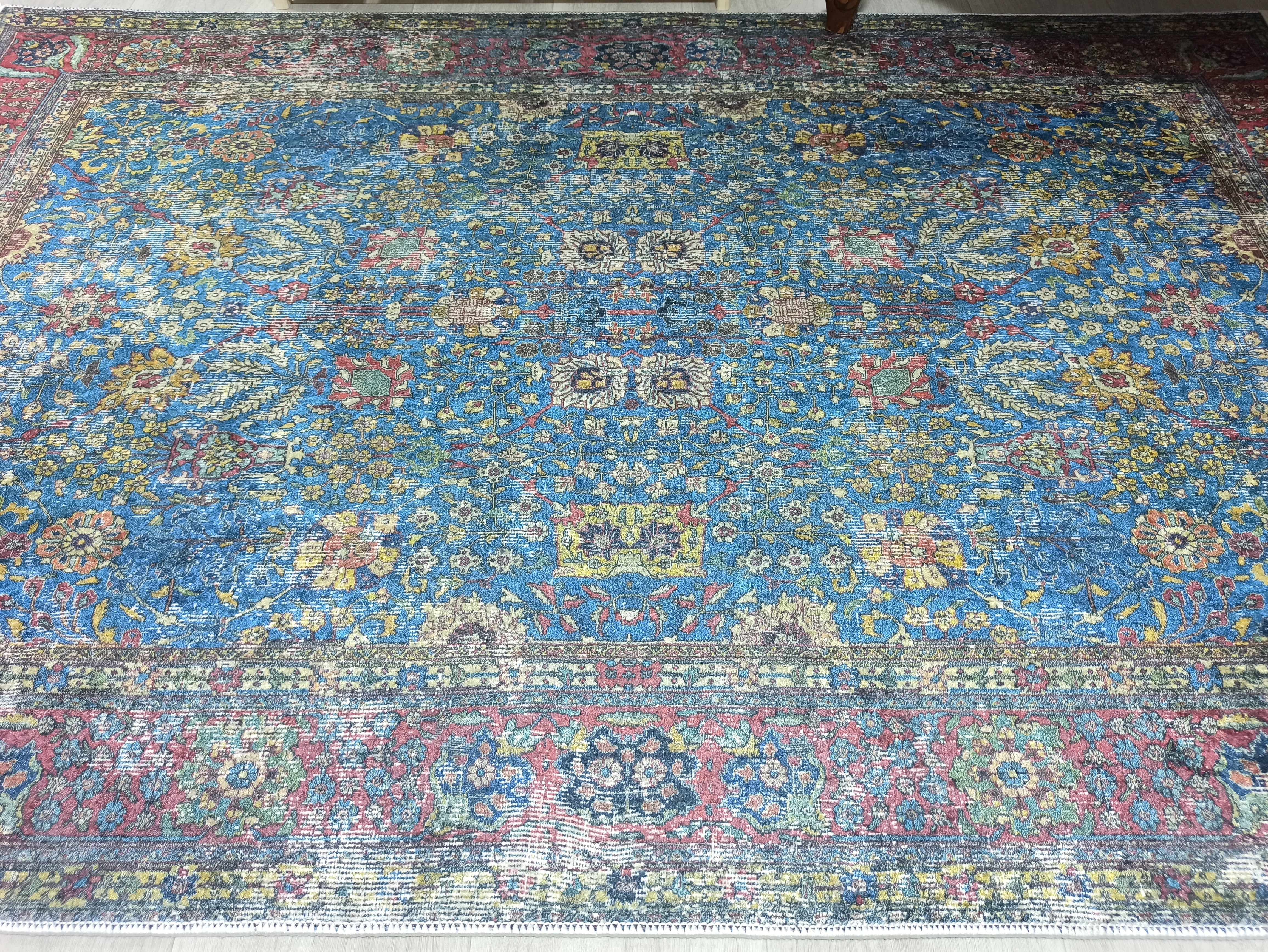 Turkish Oushak Rug, Blue & Red Vintage Rug.