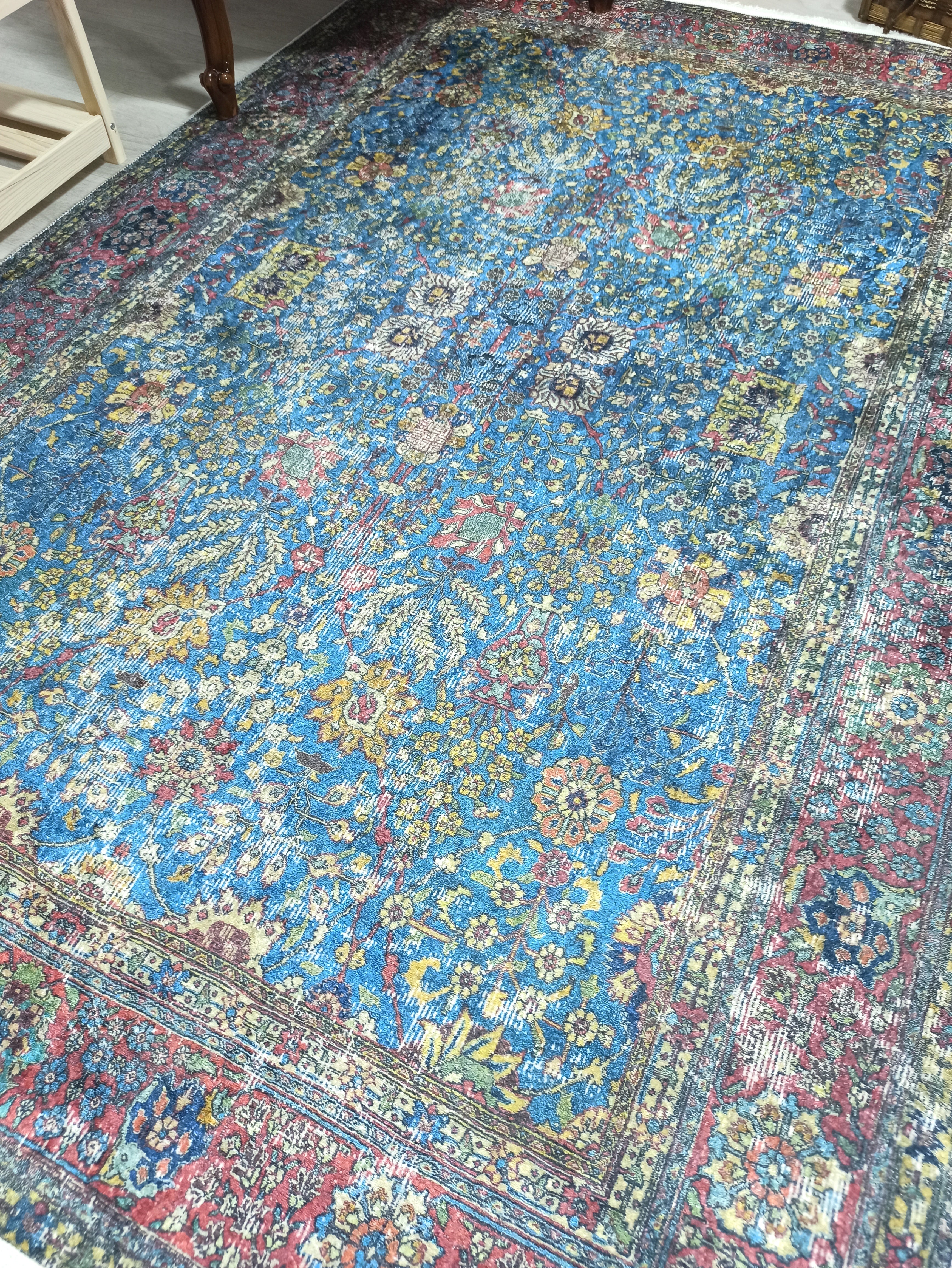 Turkish Oushak Rug, Blue & Red Vintage Rug.