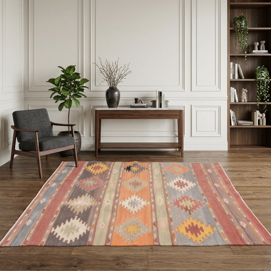 Ikat pattern on the Gulsah vintage kilim rug – handwoven flatweave in Sivas, Turkey