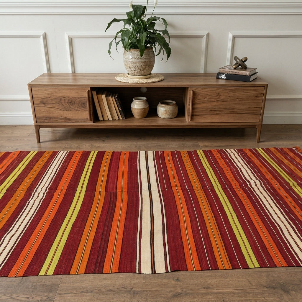 Striped pattern on the Yapraknur vintage kilim rug – handwoven flatweave in Anatolia, Turkey